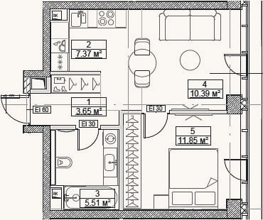 Планировка: 2-к, 38,8 м²