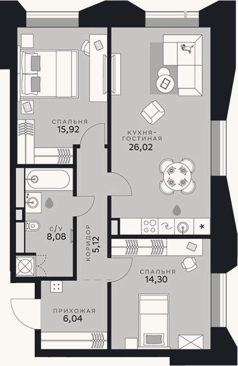 Планировка: 3-к, 75,5 м²