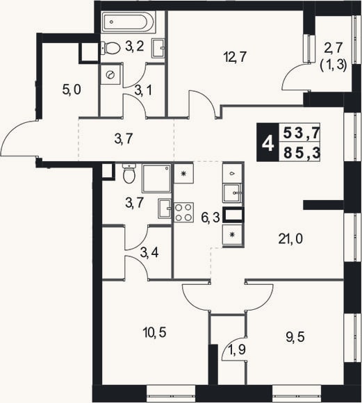 Планировка: 4+ к, 84 м²