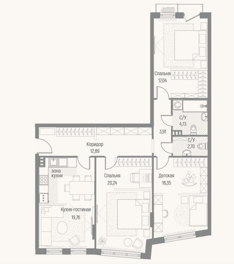 Планировка: 3-к, 97,6 м²