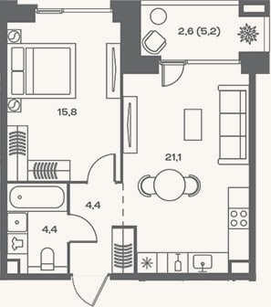 Планировка: 2-к, 45,7 м²