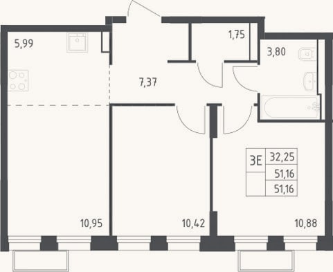Планировка: 3-к, 51,2 м²