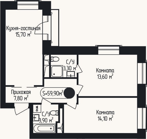 Планировка: 2-к, 59,9 м²
