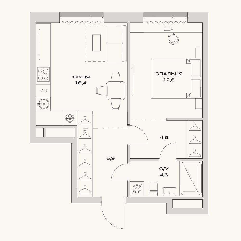 Планировка: 2-к, 44,1 м²