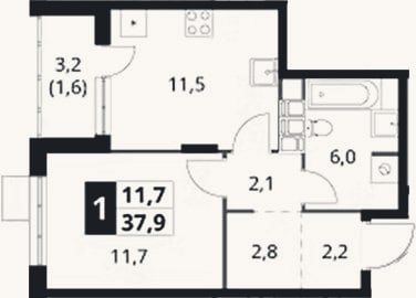 Планировка: 1-к, 36,3 м²