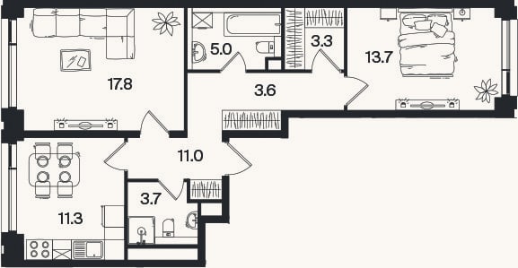 Планировка: 2-к, 65,8 м²