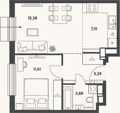 Планировка: 2-к, 43,4 м²