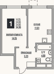 Планировка: 1-к, 34,9 м²