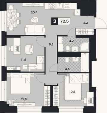 Планировка: 3-к, 72,5 м²