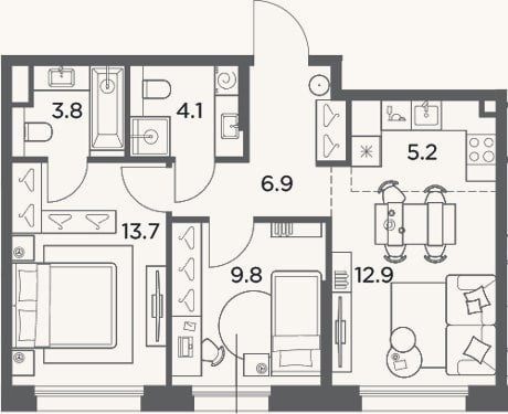 Планировка: 3-к, 56,4 м²