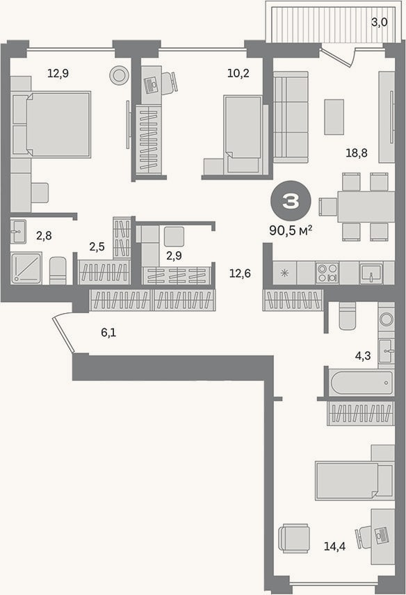 Планировка: 3-к, 87,5 м²