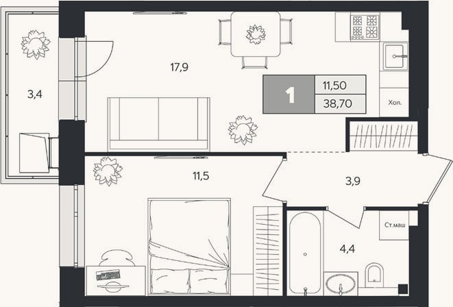 Планировка: 1-к, 37,7 м²