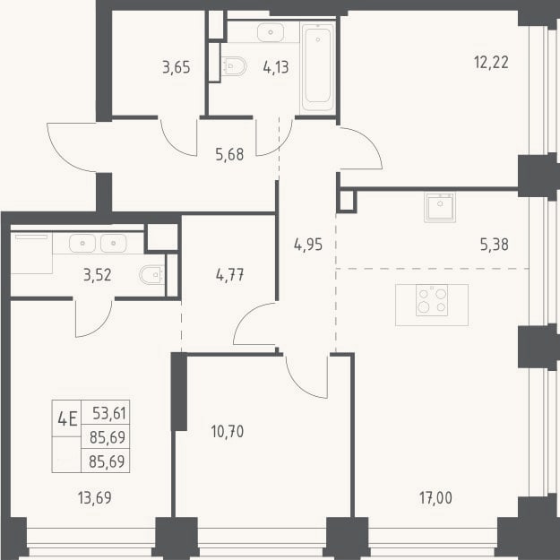 Планировка: 4+ к, 85,7 м²