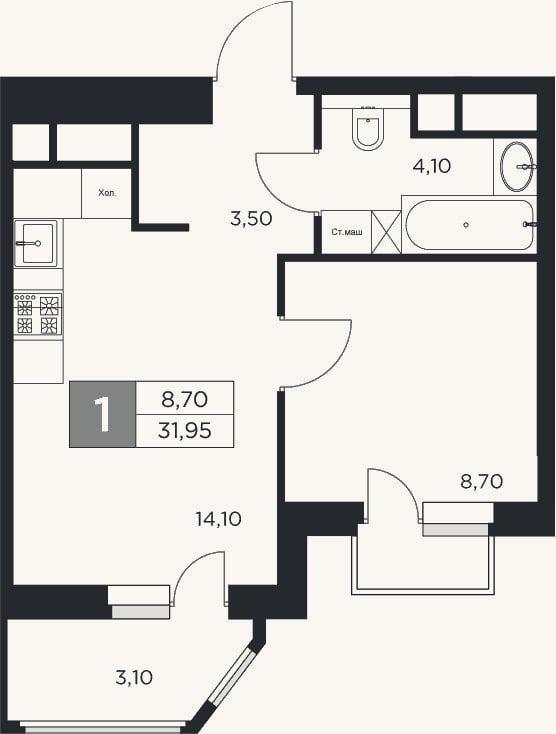 Планировка: 1-к, 30,4 м²