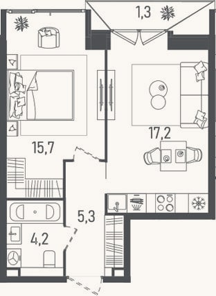 Планировка: 2-к, 42,4 м²