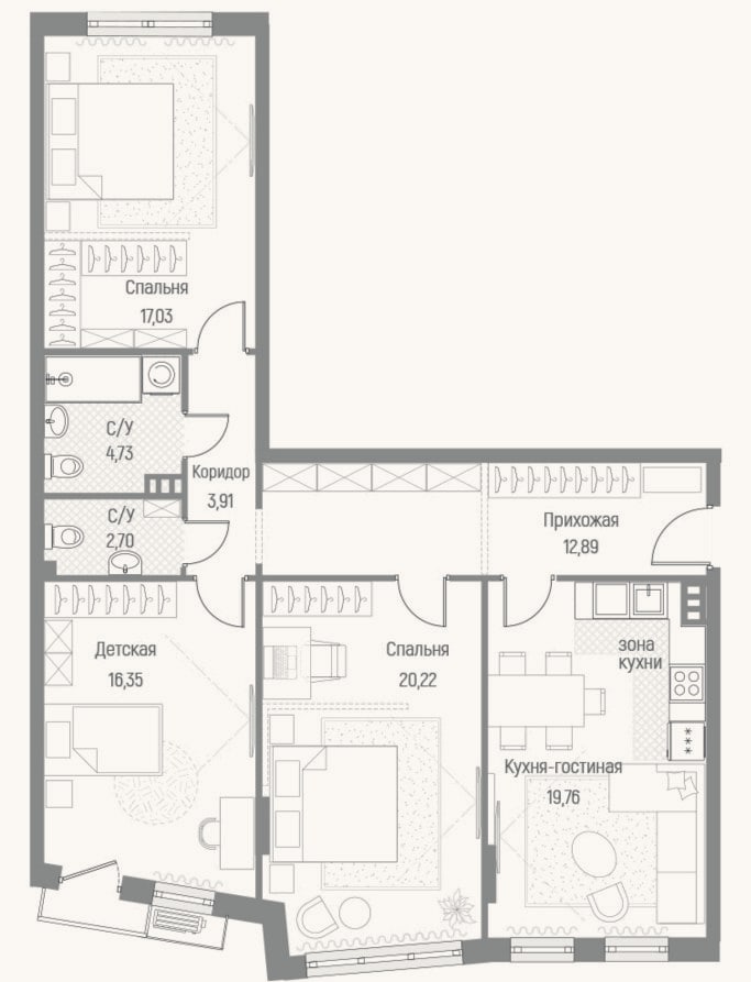 Планировка: 3-к, 97,8 м²