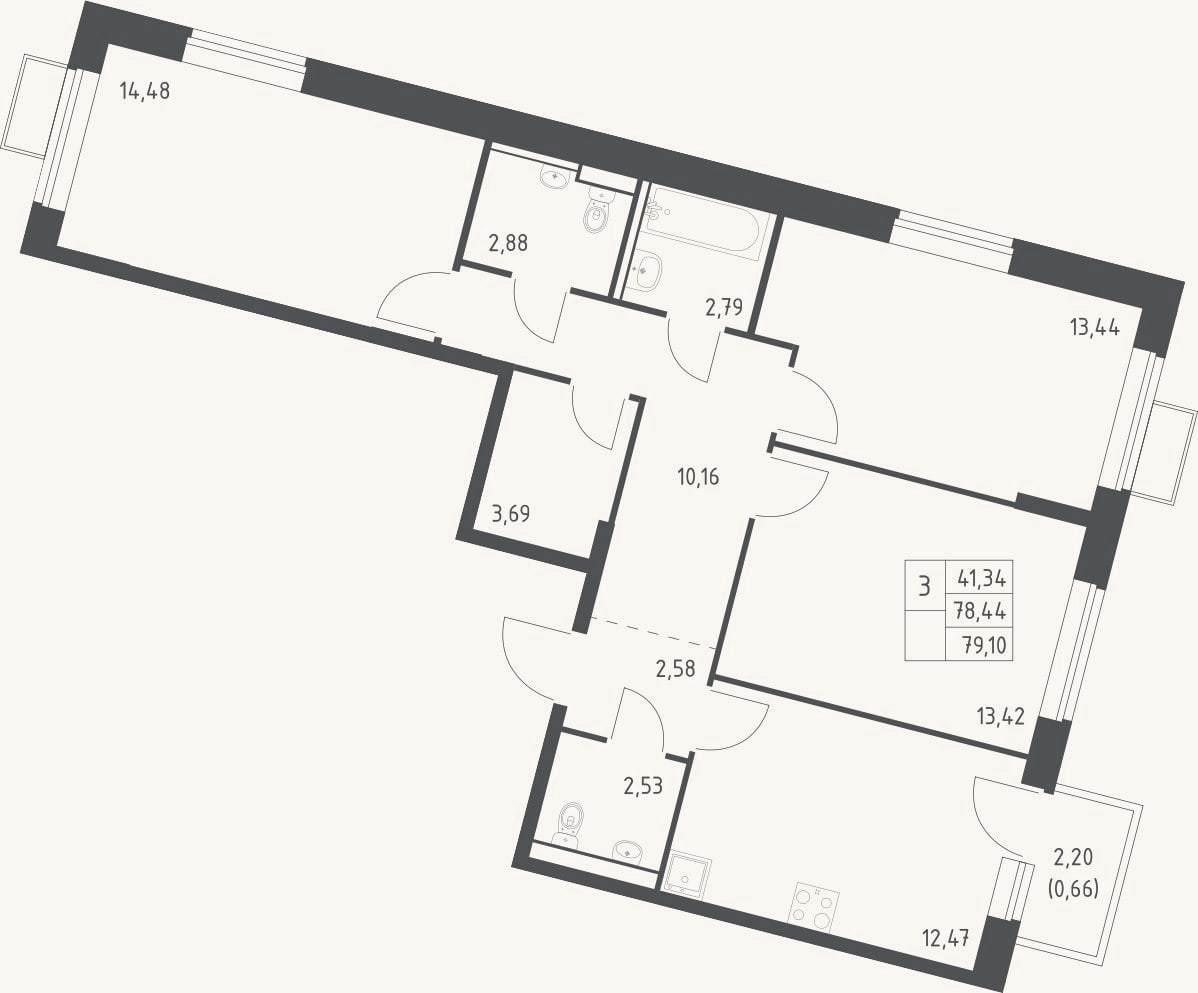 Планировка: 3-к, 78,4 м²