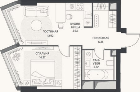 Планировка: 2-к, 46,9 м²