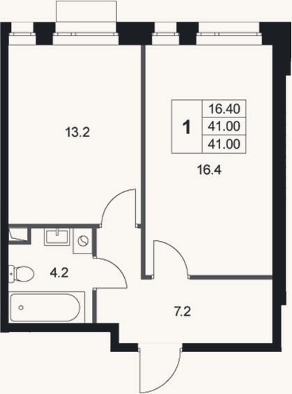 Планировка: 1-к, 41 м²