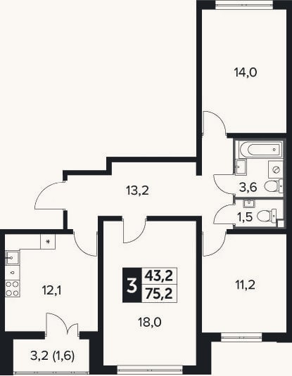 Планировка: 3-к, 73,6 м²