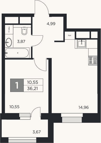 Планировка: 1-к, 34,4 м²