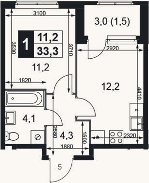 Планировка: 1-к, 31,8 м²
