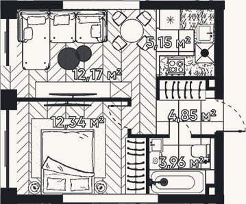 Планировка: 2-к, 38,5 м²