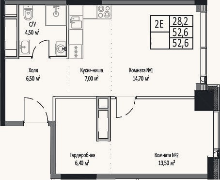 Планировка: 2-к, 52,6 м²