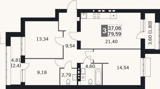Планировка: 4+ к, 77,5 м²