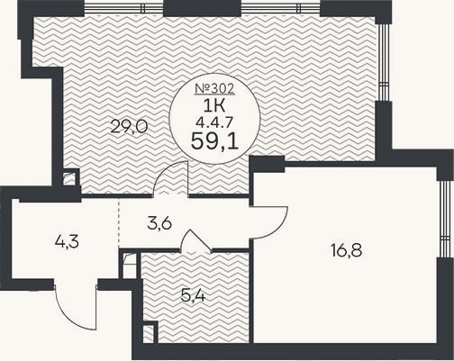 Планировка: 1-к, 59,1 м²