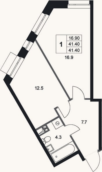 Планировка: 1-к, 41,4 м²