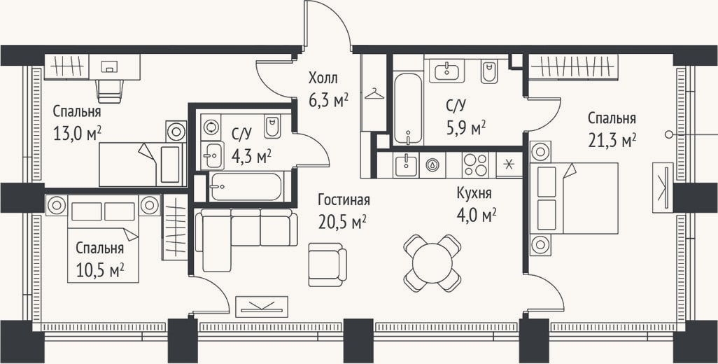 Планировка: 4+ к, 85,8 м²