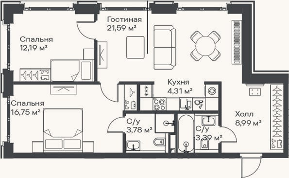 Планировка: 3-к, 71 м²