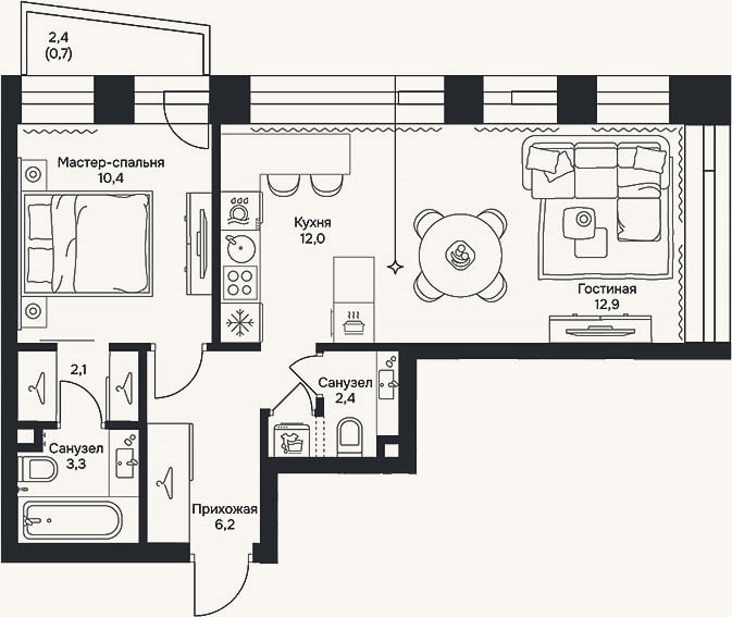 Планировка: 2-к, 49,3 м²