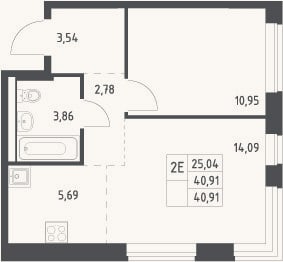 Планировка: 2-к, 40,9 м²