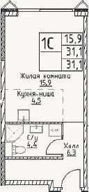 Планировка: Студия, 31,1 м²
