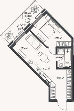 Планировка: 2-к, 42,5 м²