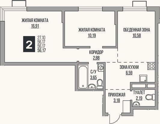 Планировка: 2-к, 56,2 м²