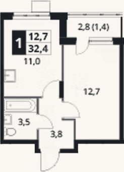Планировка: 1-к, 31 м²