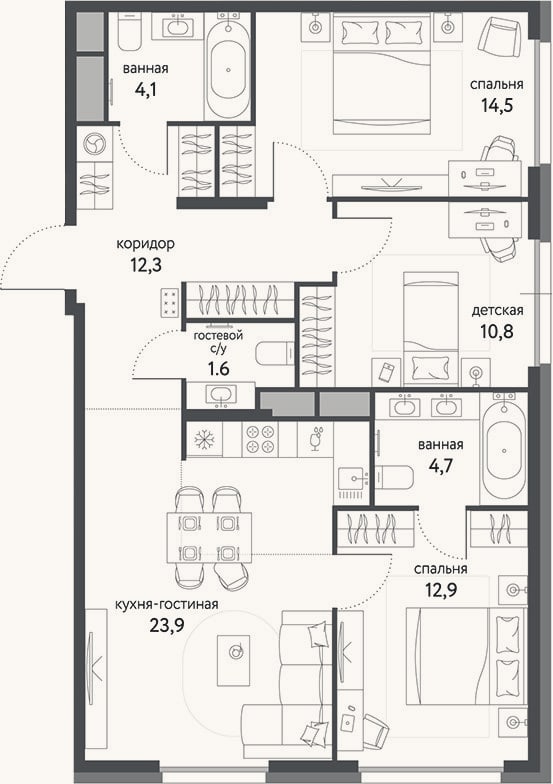 Планировка: 4+ к, 84,8 м²