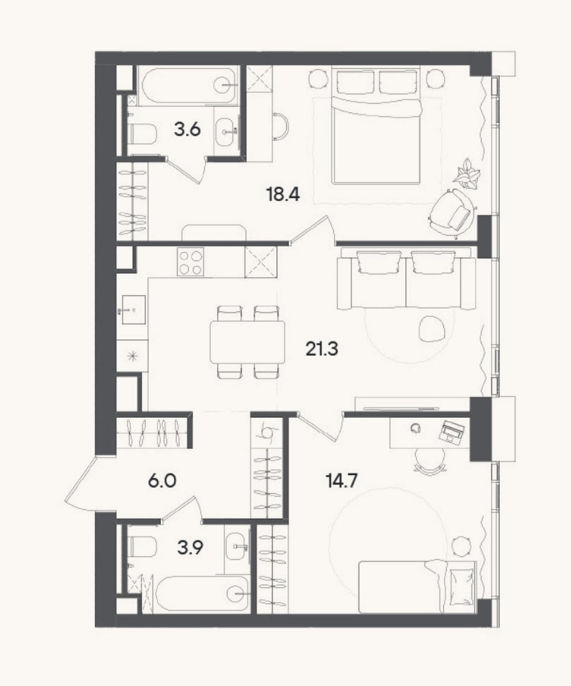 Планировка: 3-к, 69,9 м²