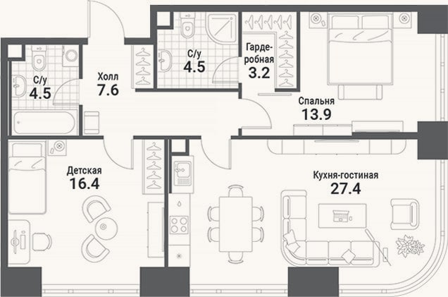 Планировка: 3-к, 77,5 м²