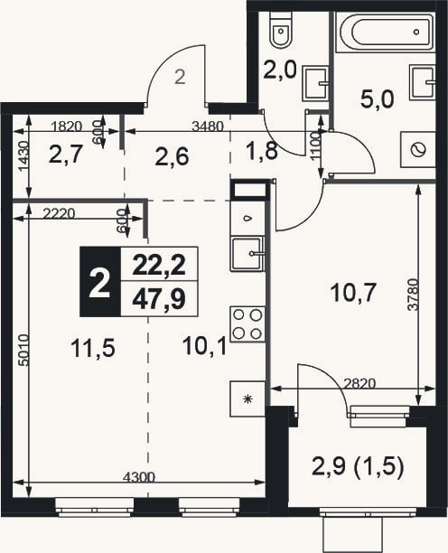 Планировка: 2-к, 46,4 м²
