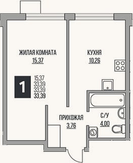 Планировка: 2-к, 33,4 м²