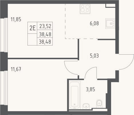 Планировка: 2-к, 38,5 м²