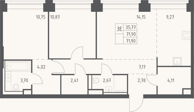 Планировка: 3-к, 71,9 м²