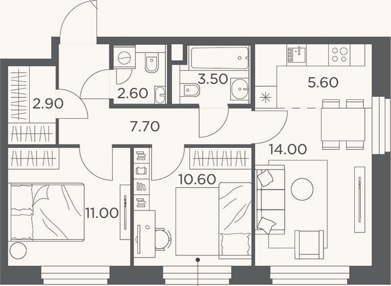 Планировка: 3-к, 57,9 м²