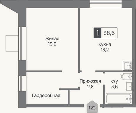 Планировка: 1-к, 38,6 м²
