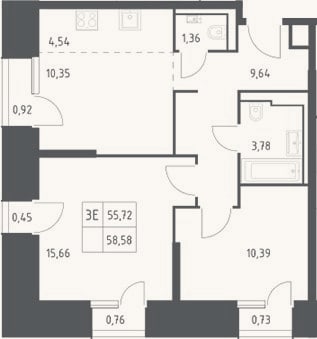 Планировка: 3-к, 55,7 м²