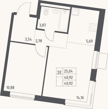 Планировка: 2-к, 40,9 м²